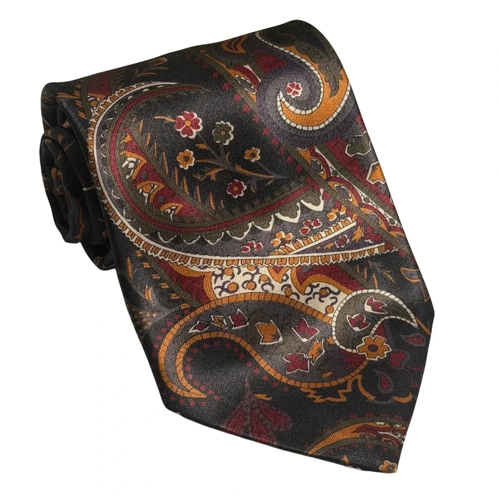 VTG Ketch Necktie Black Paisley Floral Retro Formal Wedding Career Mens OS